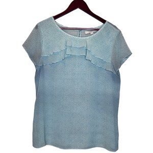 Ann Taylor LOFT Women's Cap Sleeve Ruffle Round Neck Printed Sheer Top Blouse L